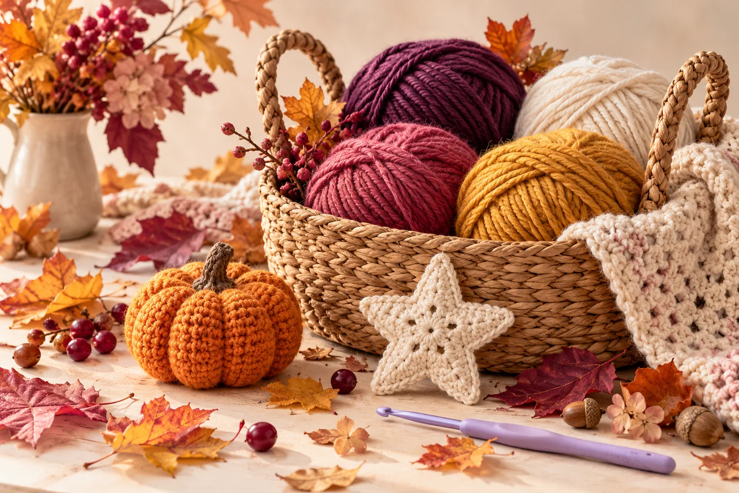 Autumn crochet inspiration with yarn and handmade motifs