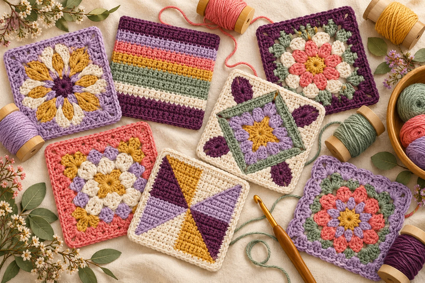 Crochet yarn and practice swatches — editorial illustration