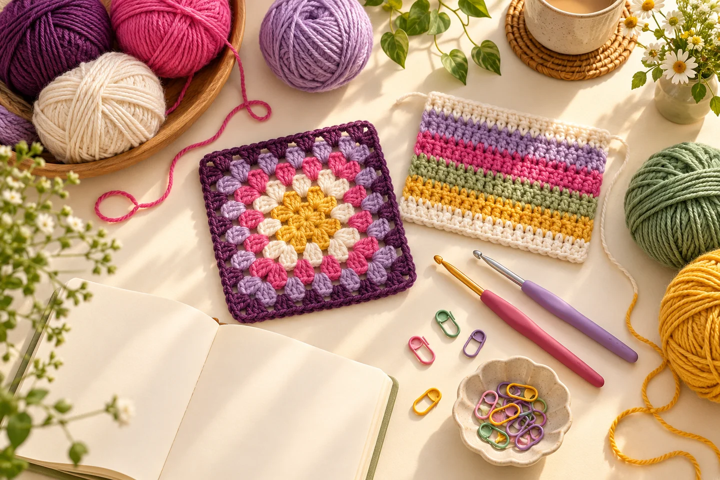 Illustrated yarn, crochet hooks and granny-square practice pieces